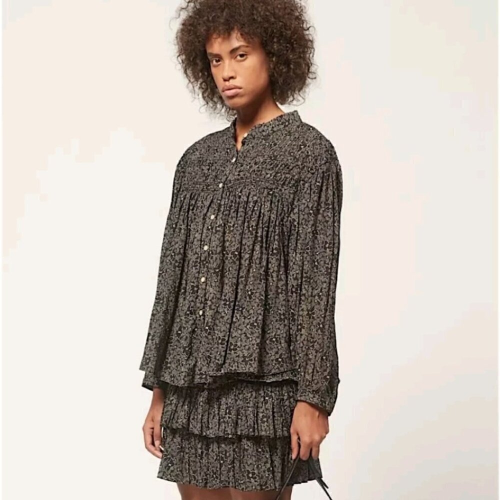 Isabel Marant Etoile Lalia Floral Pintuck Boho Prairie Blouse Black Size 40